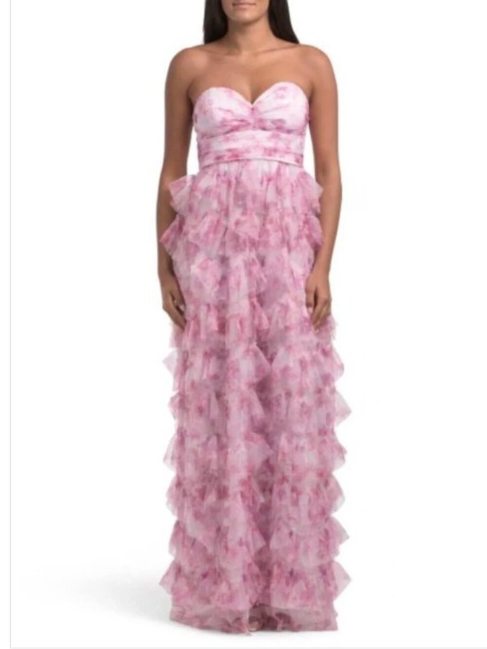 NWOT Caroline Constas Strapless Ruffle Tier Floral Gown in Pink Large